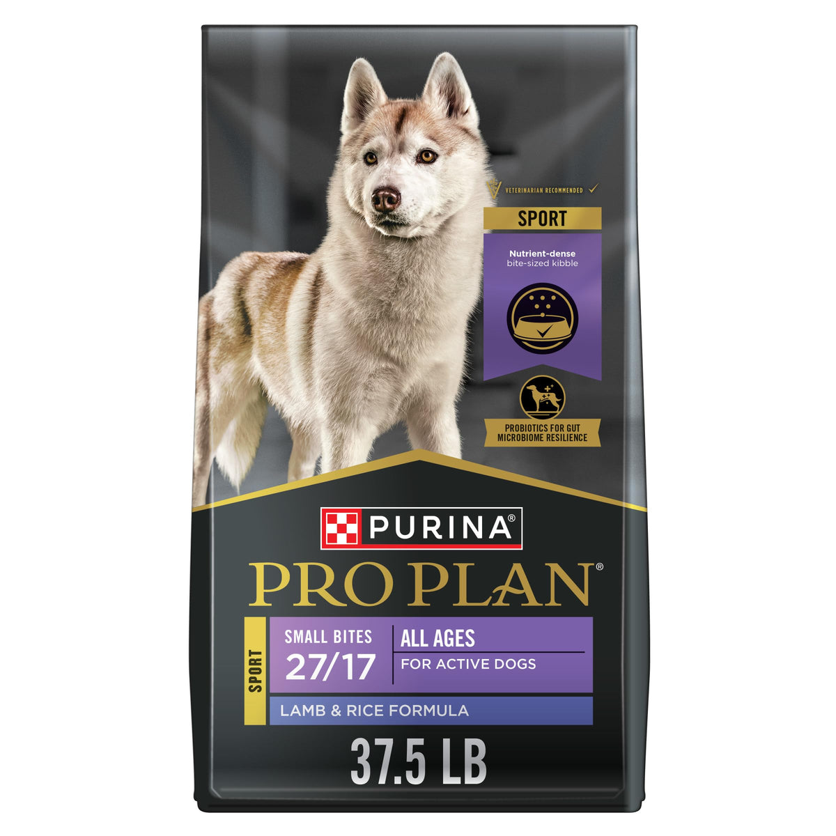 Purina Pro Plan Small Bites SPORT 27/17 Lamb and Rice bag front for easy feeding.