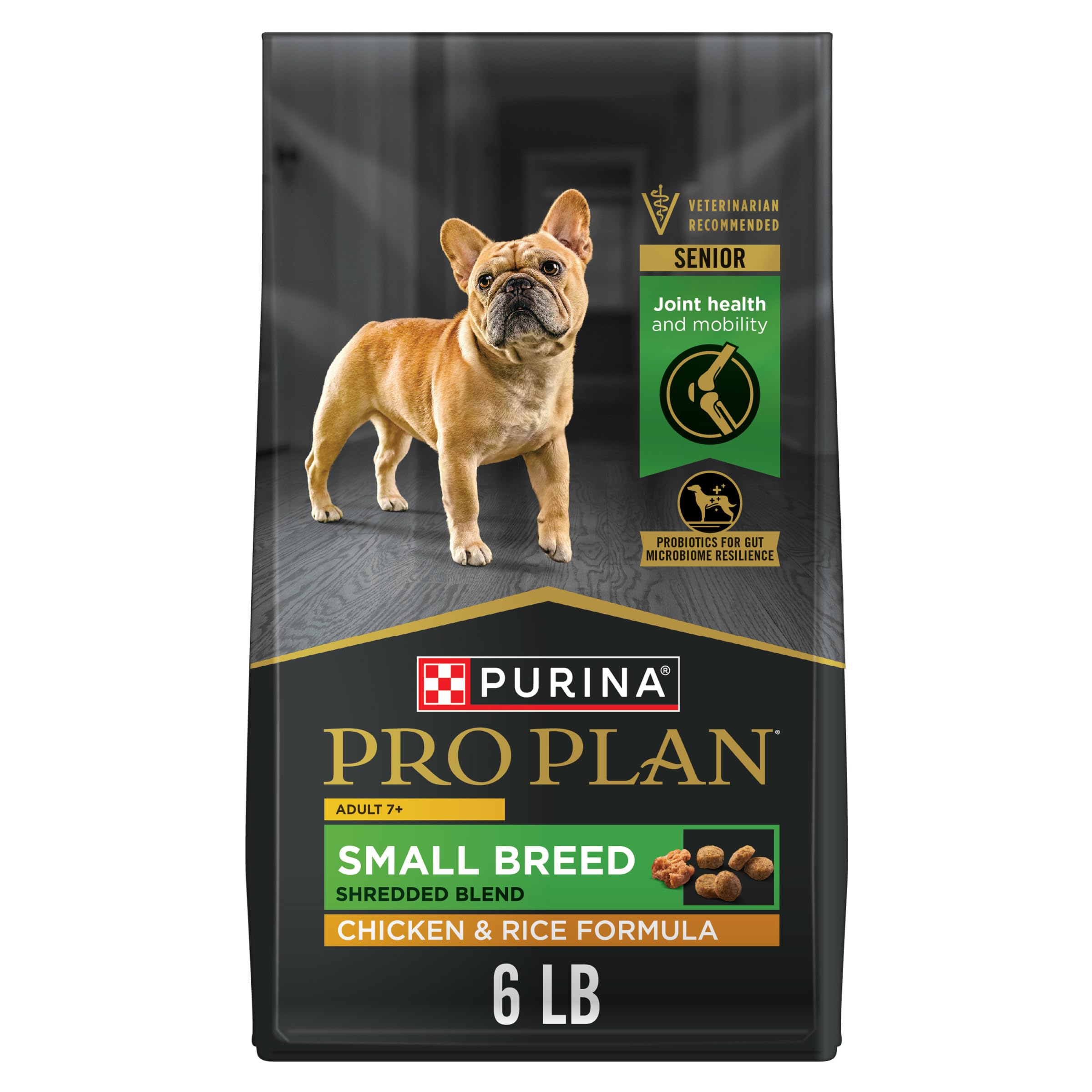 Purina Pro Plan Small Breed 7 Plus bag front highlighting senior dog nutrition and 6 lb size.