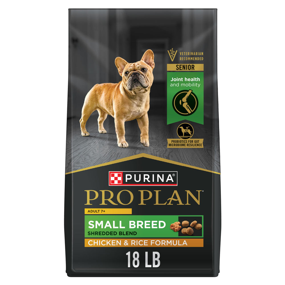 Purina Pro Plan Small Breed shredded chicken bag for seniors.
