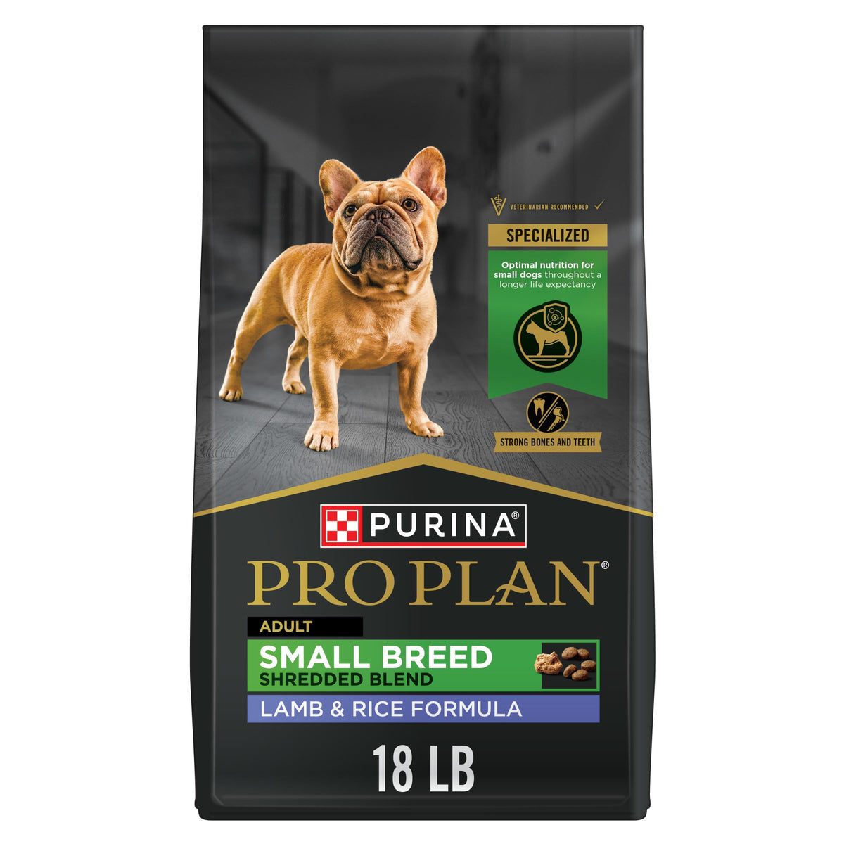 Purina Pro Plan Small Breed bag front view, easy-to-store packaging.