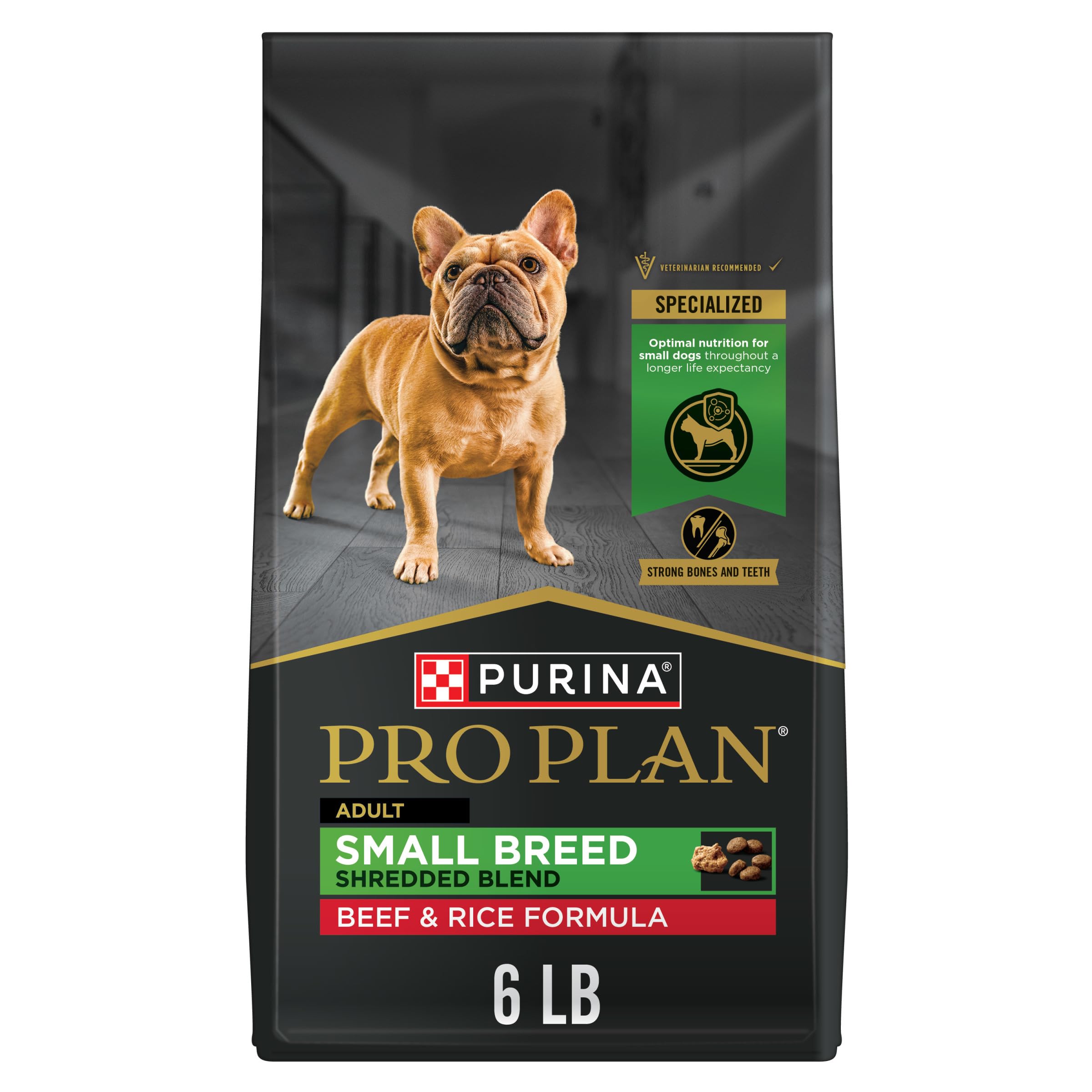 Purina Pro Plan Small Breed bag front showing active small dogs' nutrition.