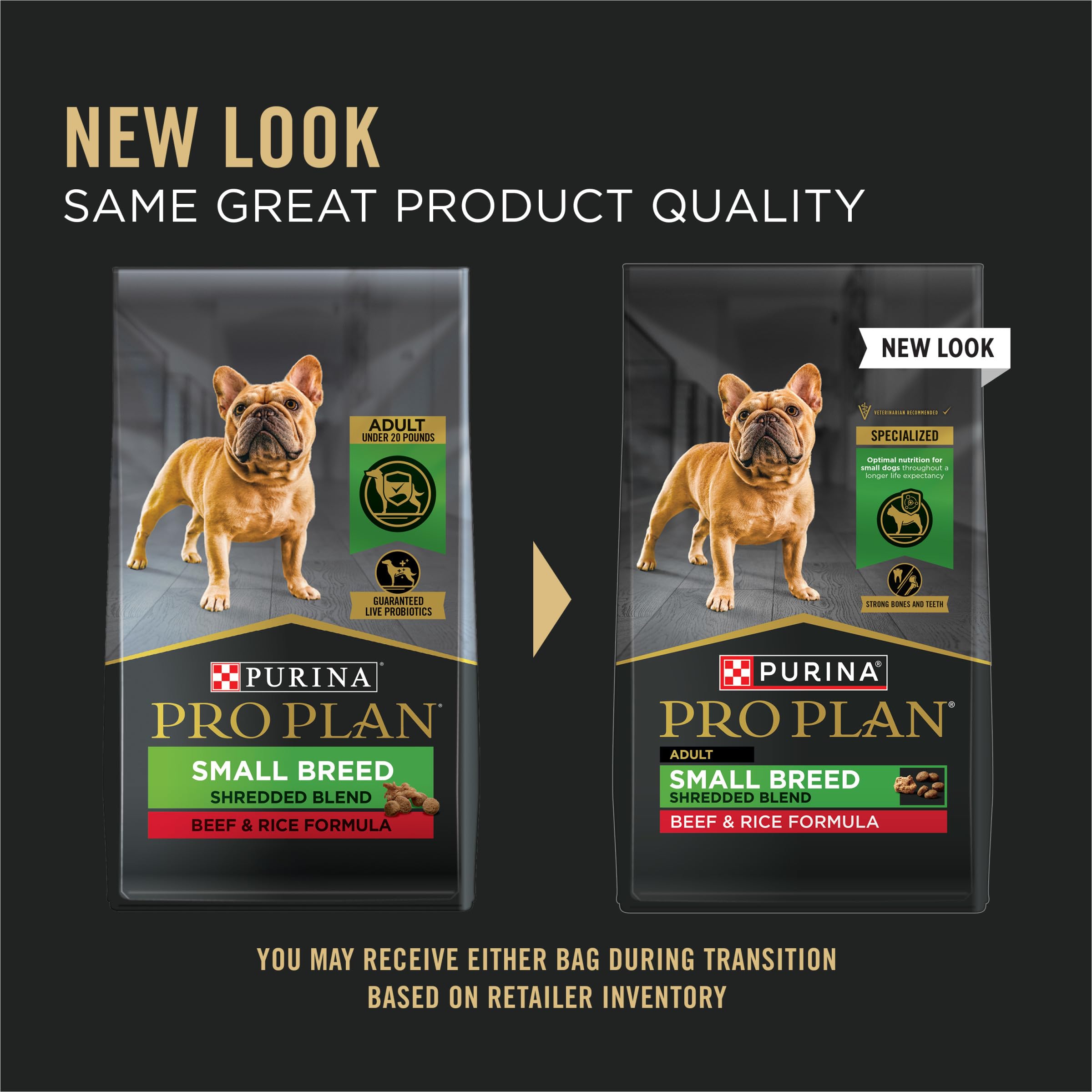 Purina Pro Plan Small Breed beef kibble closeup with bite-sized texture.