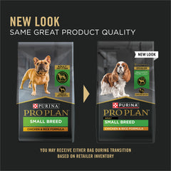 Purina Pro Plan Small Breed logo and real chicken first ingredient