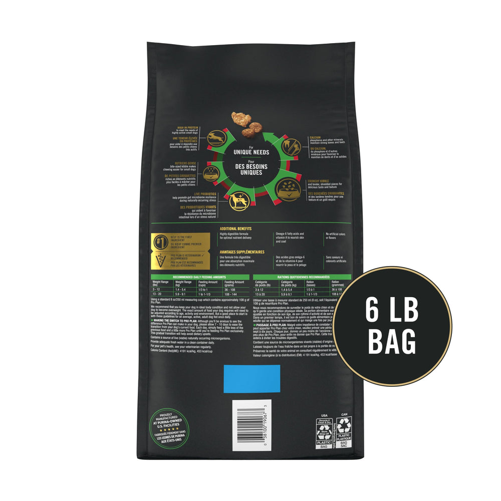 Purina Pro Plan Small Breed dog eating dry food at mealtime.