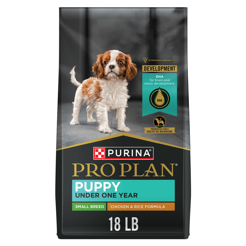Purina Pro Plan small breed puppy kibble in bowl showing bite-sized pieces for easy chewing.