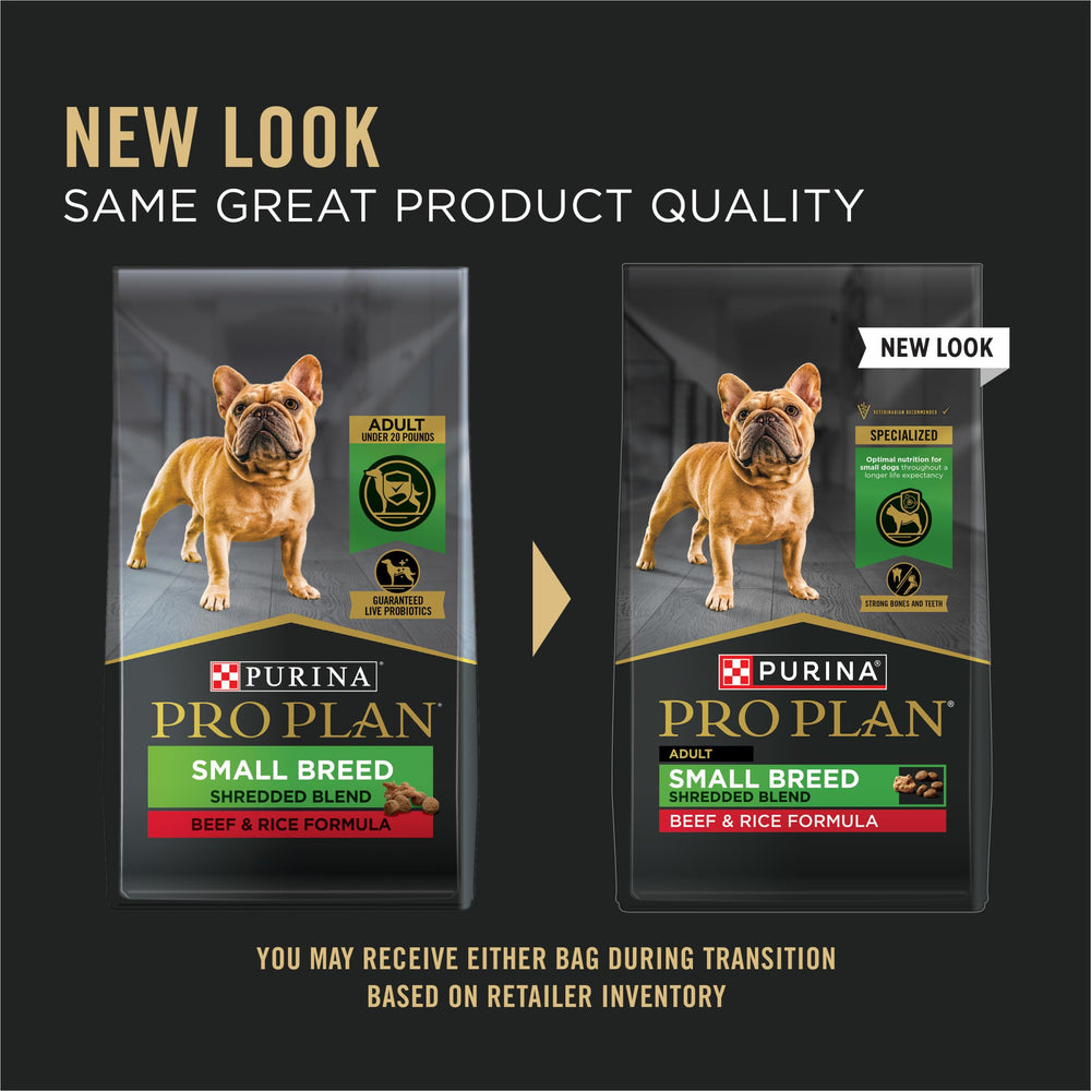 Purina Pro Plan Small Breed shredded beef texture mix supports tasty variety