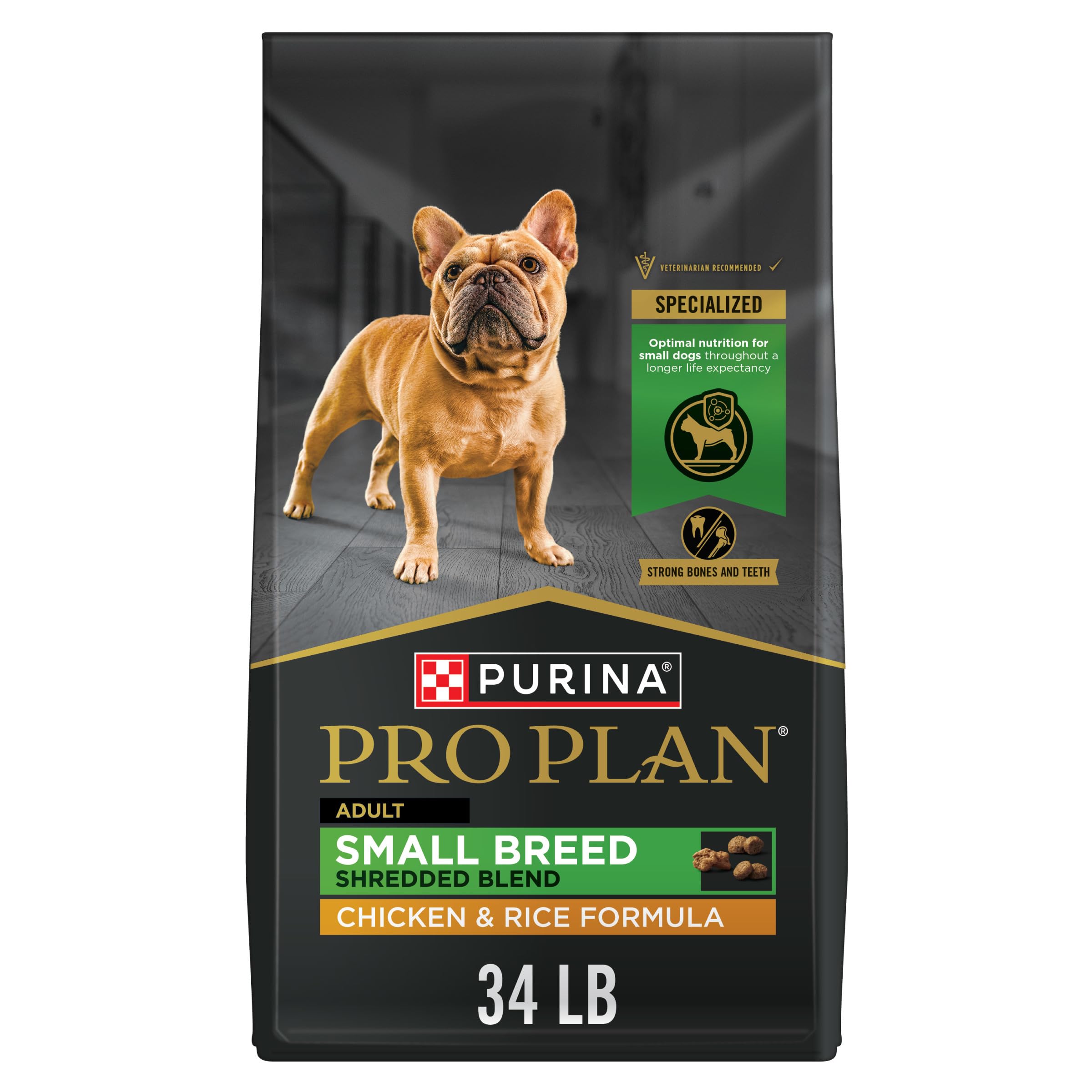 Purina Pro Plan Small Breed Shredded Blend bag front view showing packaging for small dogs