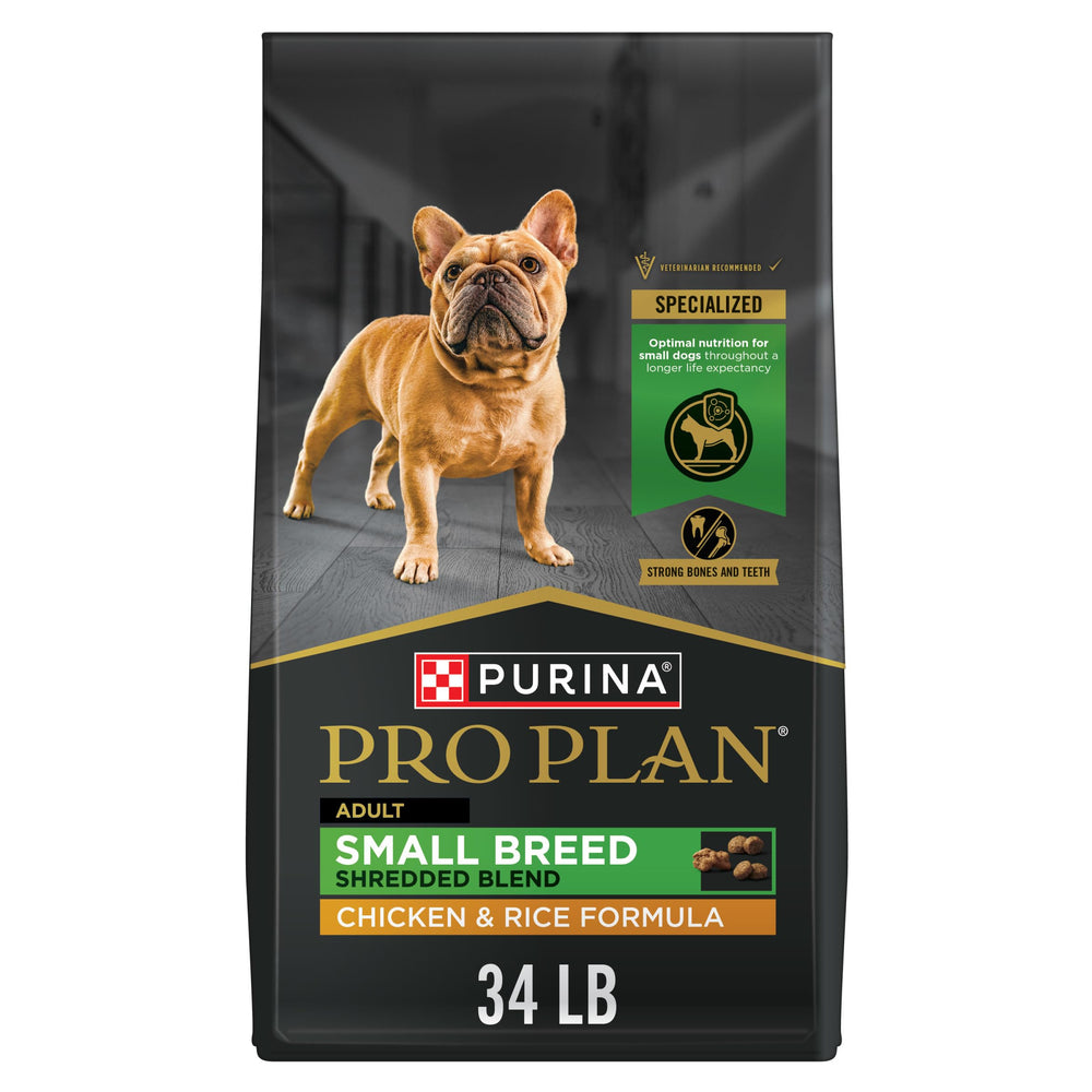 Purina Pro Plan Small Breed Shredded Blend bag front view showing packaging for small dogs