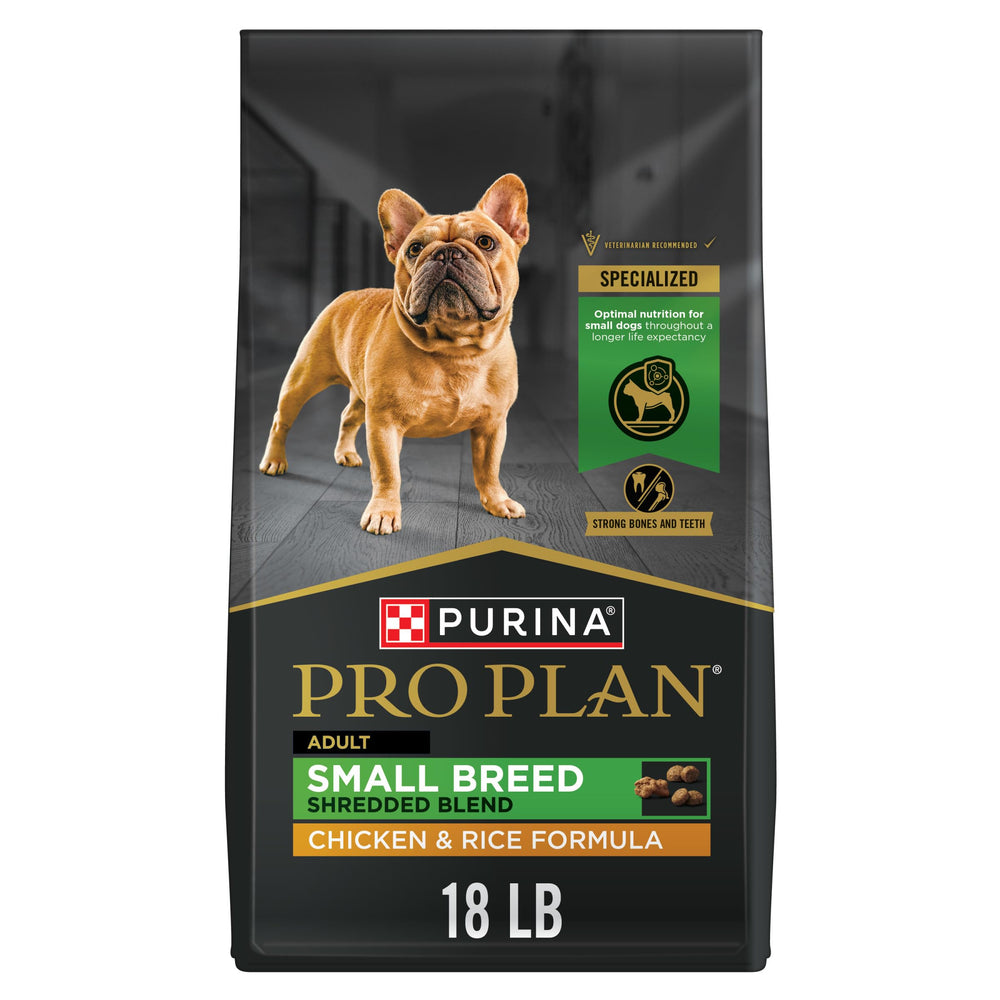 Purina Pro Plan Small Breed bag with shredded blend and real chicken first ingredient for flavor