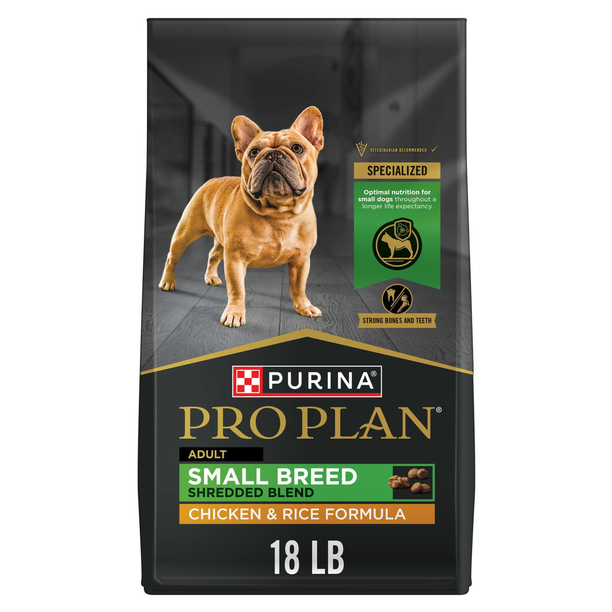 Purina Pro Plan Small Breed bag with shredded blend and real chicken first ingredient for flavor