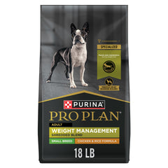 Purina Pro Plan Small Breed Weight Management bag front highlighting real chicken first ingredient
