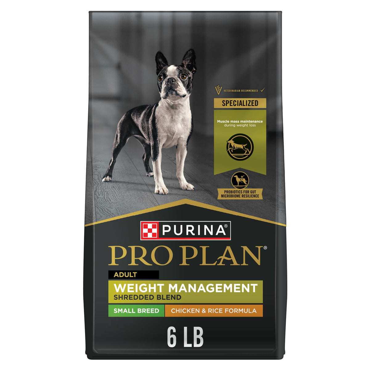 Purina Pro Plan Small Breed Weight Management bag close-up showing real chicken first ingredient.