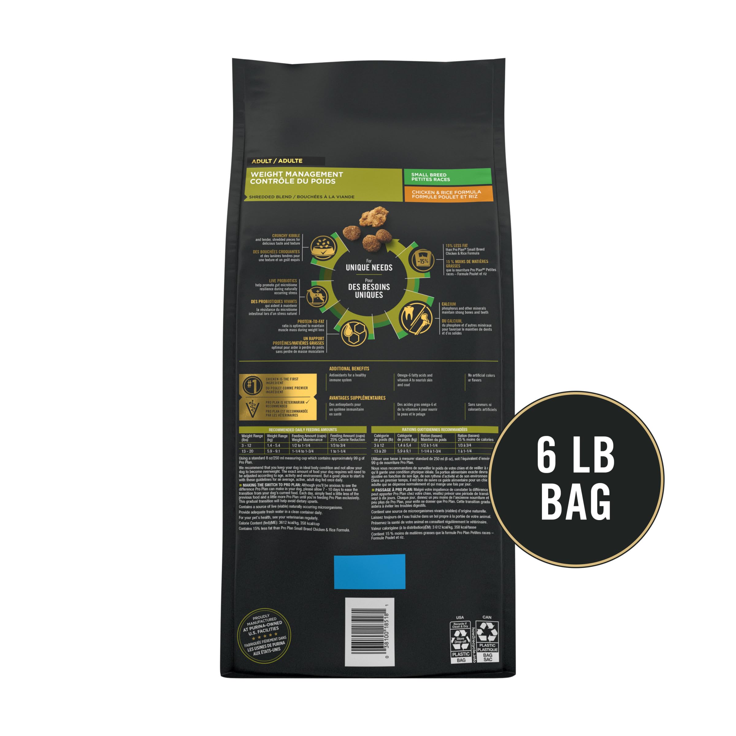 Purina Pro Plan small breed pack highlights omega-6 and vitamin A for skin and coat.