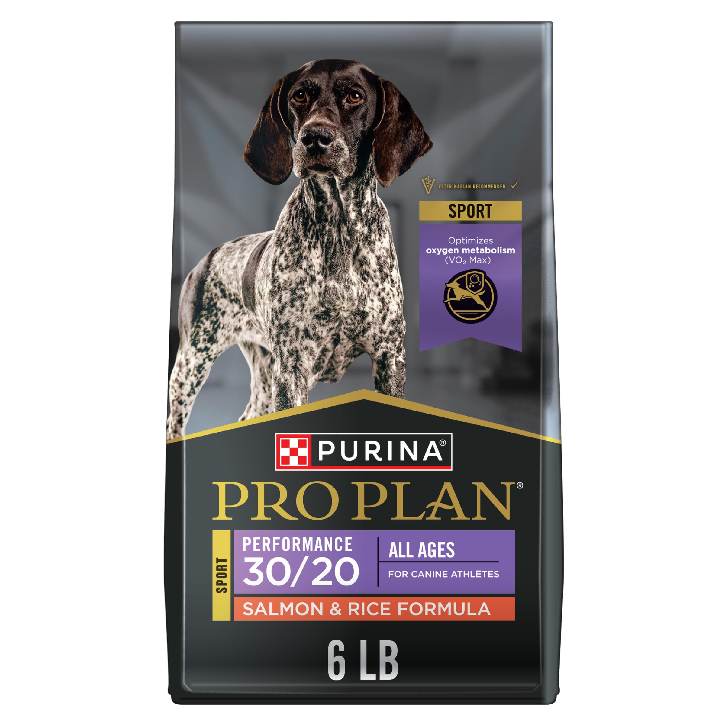 Purina Pro Plan Sport 30/20 Salmon and Rice bag highlights high-protein formula for active dogs.