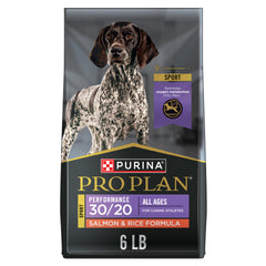 Purina Pro Plan Sport 30/20 Salmon and Rice bag highlights high-protein formula for active dogs.