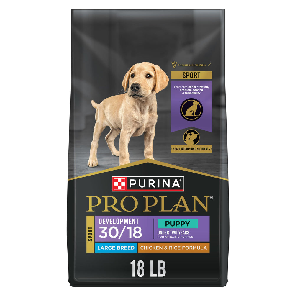 Purina Pro Plan Sport Development large breed puppy bag front view with real chicken as first ingredient.