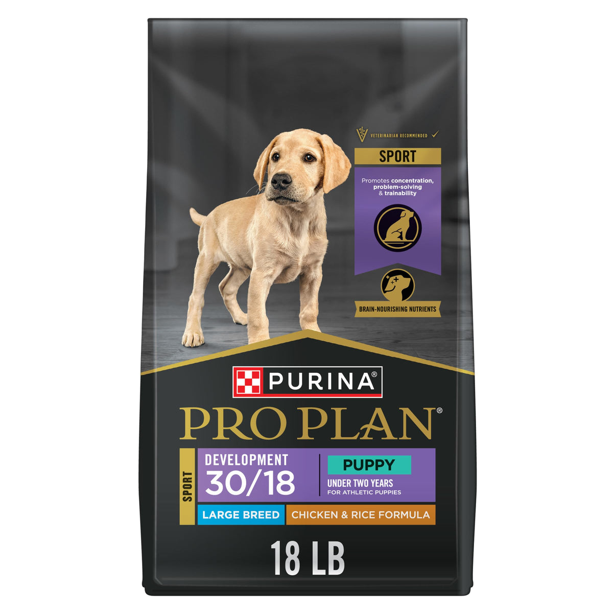 Purina Pro Plan Sport Development large breed puppy bag front view with real chicken as first ingredient.