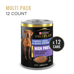 Close-up texture of Purina Pro Plan Sport Entree's turkey-duck-quail chunks.