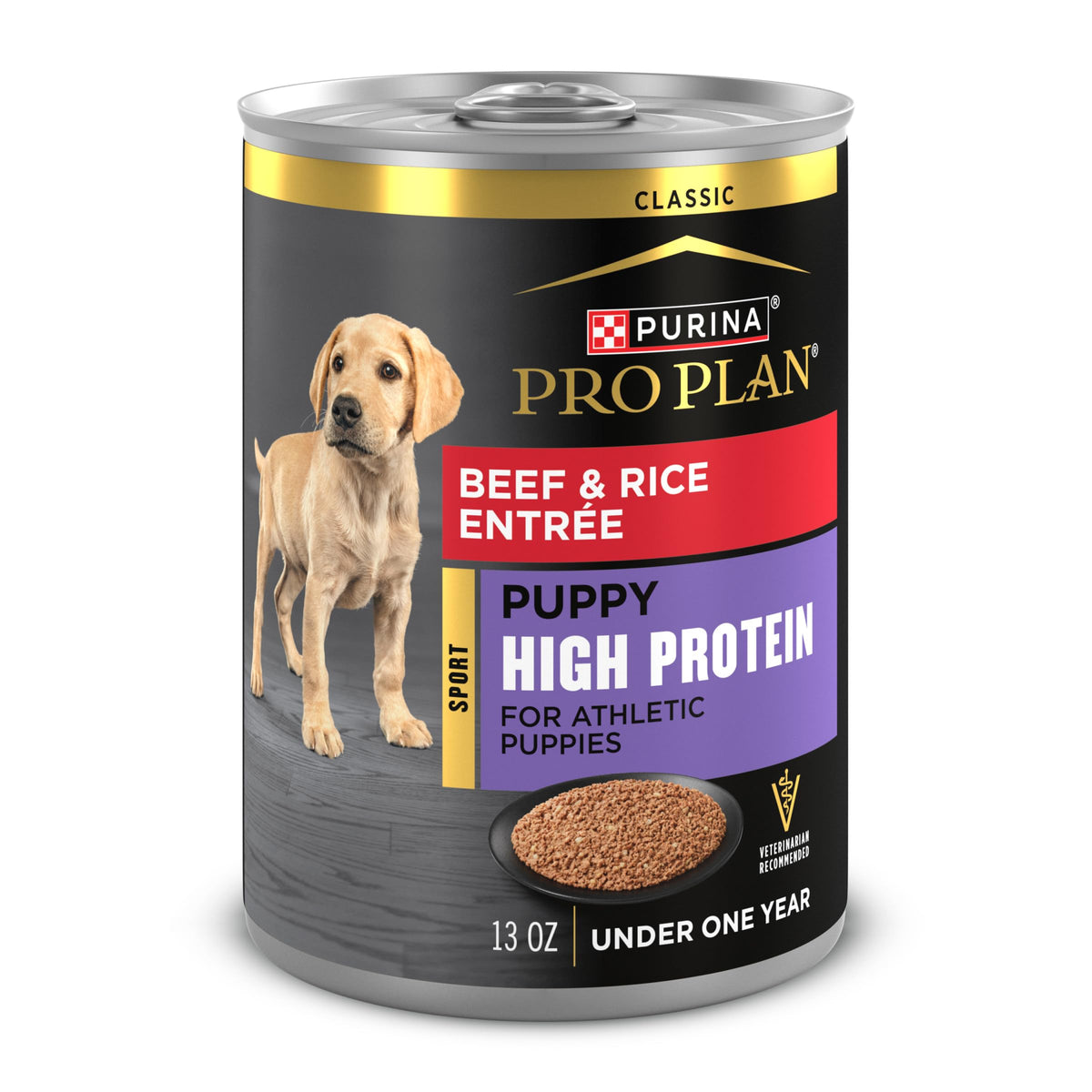 Purina Pro Plan Sport high-protein puppy beef and rice entree can supports lean muscles.