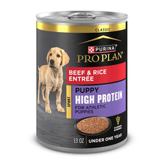 Purina Pro Plan Sport high-protein puppy beef and rice entree ready to serve.