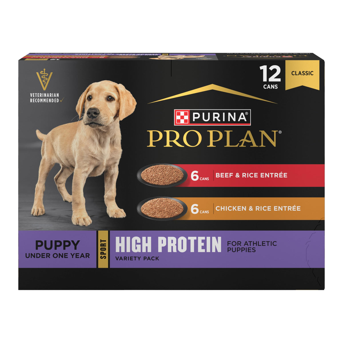 Purina Pro Plan Sport beef entree puppy can highlighting lean muscle support