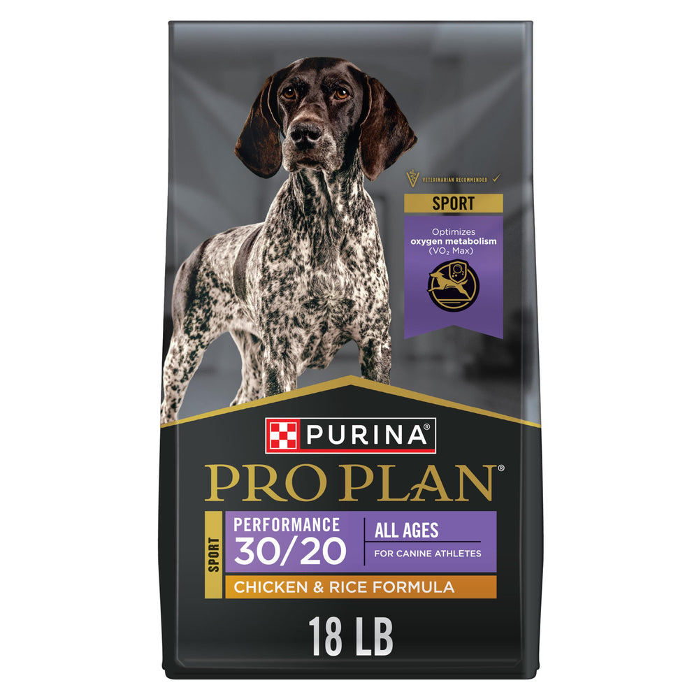 Purina Pro Plan Sport Performance bag label highlighting brand and 18 lb packaging for active dogs.