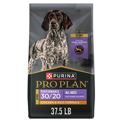 Purina Pro Plan Sport Performance 30/20 bag front highlights real chicken for active dogs.