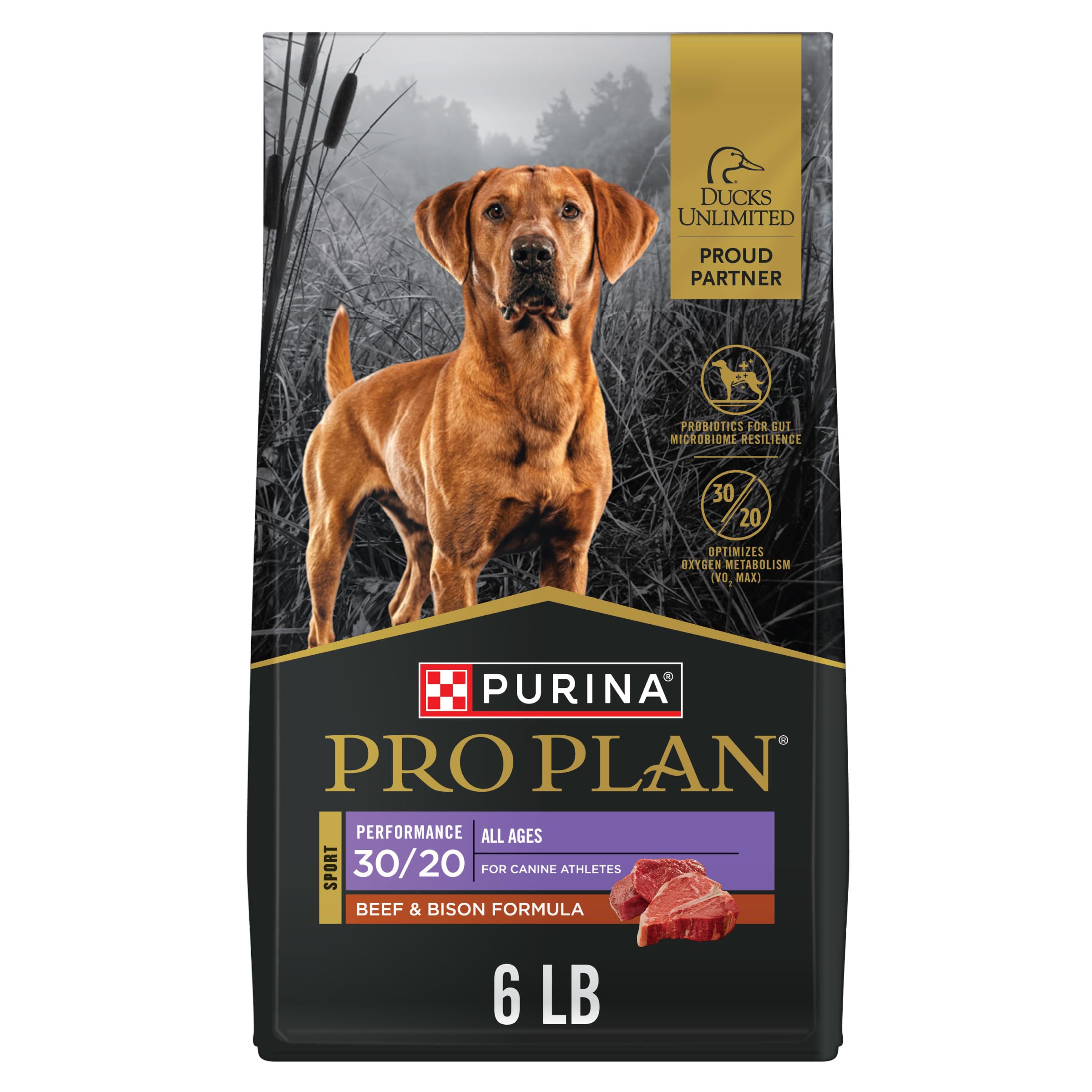 Purina Pro Plan Sport Performance 3020 beef-bison kibble supports lean muscle during activity.