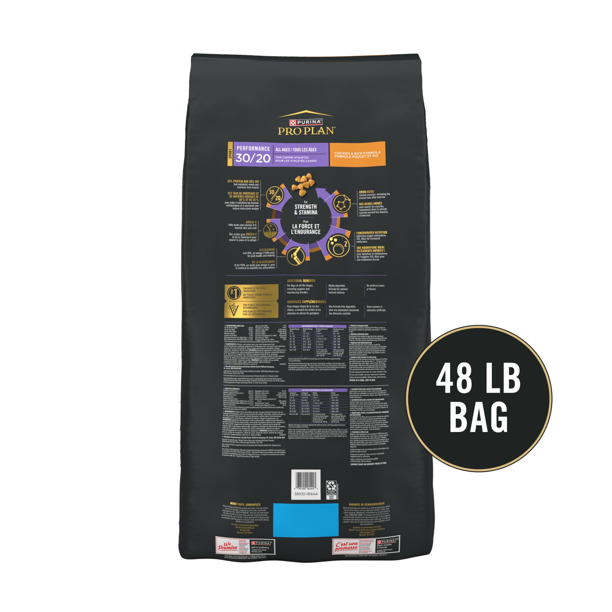 Purina Pro Plan Sport Performance, endurance-focused formula with VO2 max optimization visuals.