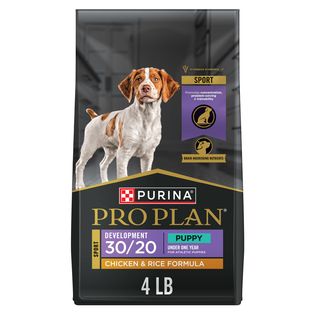Purina Pro Plan Sport Puppy Development bag closeup shows chicken as top ingredient for active puppies.