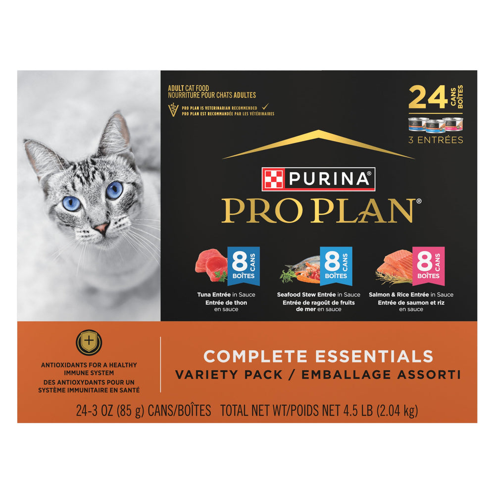 Purina Pro Plan tasting variety pack cans on table; convenient grab-and-go portions.