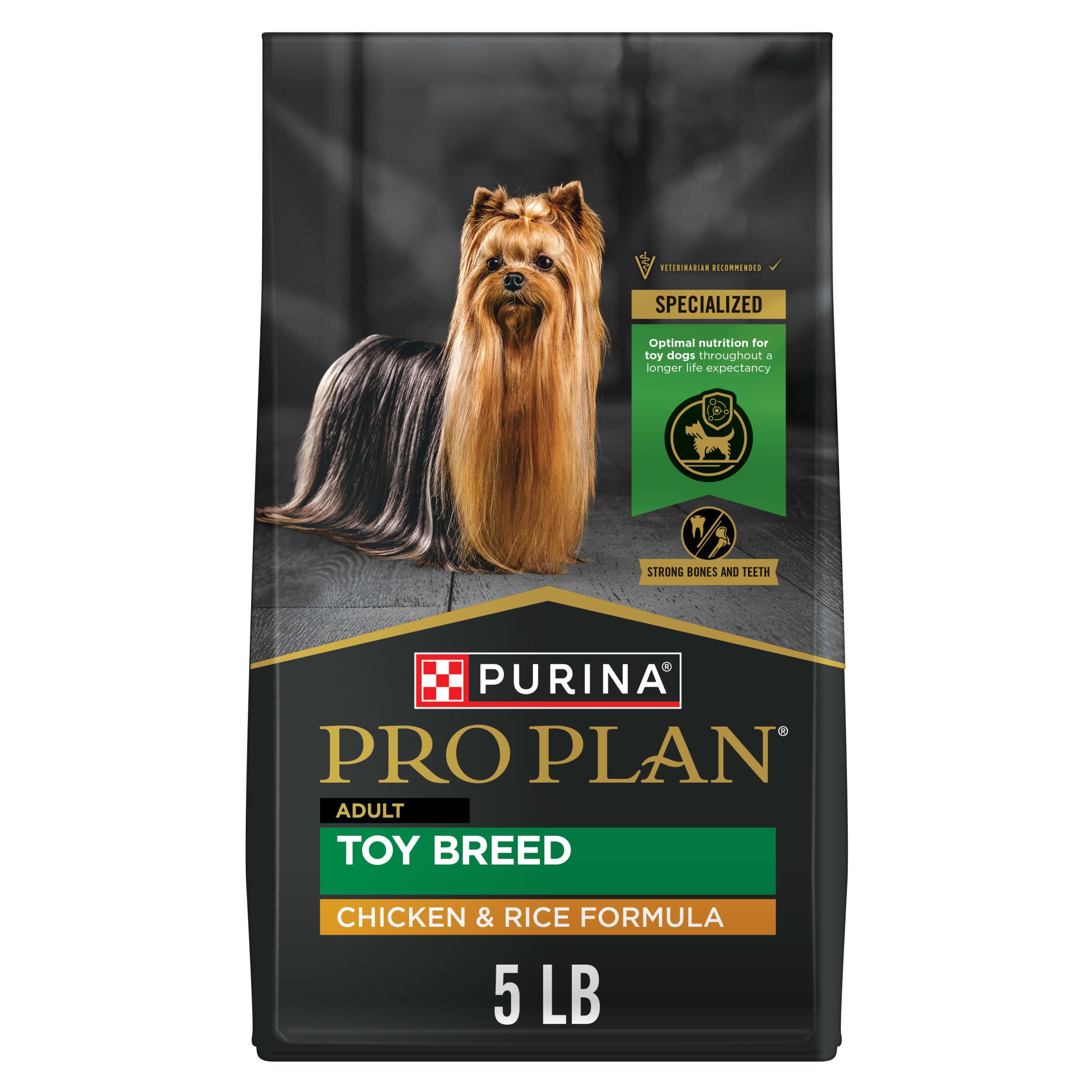 Purina Pro Plan Toy Breed bag front highlights premium chicken-and-rice formula for small dogs