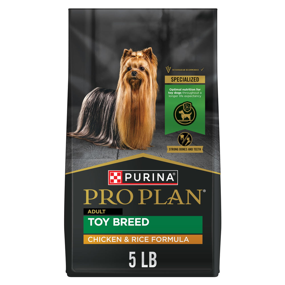 Purina Pro Plan Toy Breed bag front highlights premium chicken-and-rice formula for small dogs