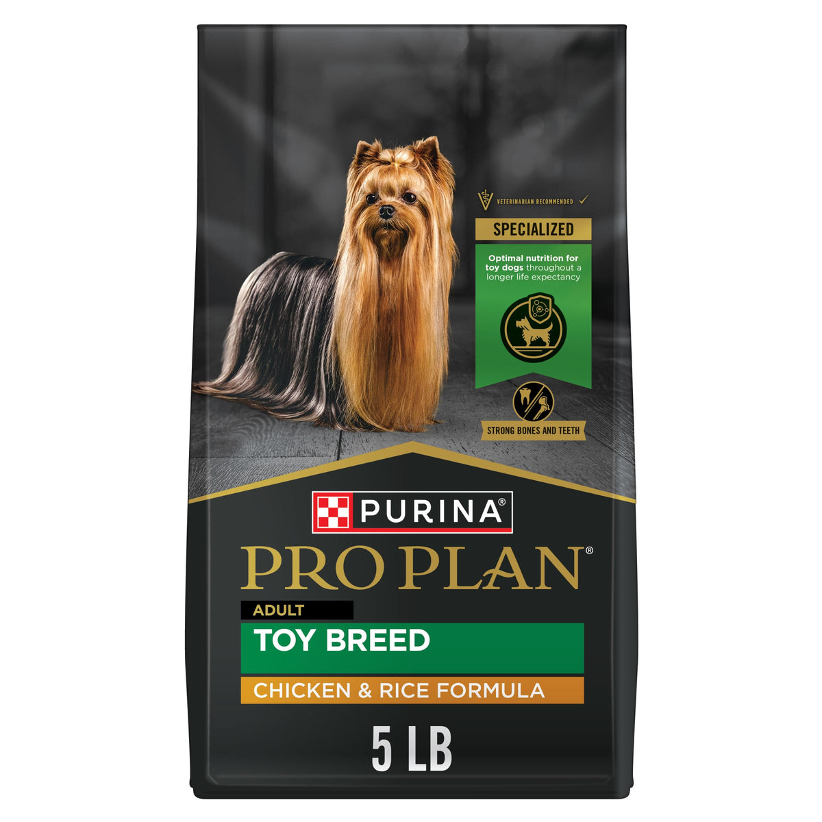 Purina Pro Plan Toy Breed bag front highlights premium chicken-and-rice formula for small dogs