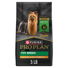 Purina Pro Plan Toy Breed bag front highlights premium chicken-and-rice formula for small dogs