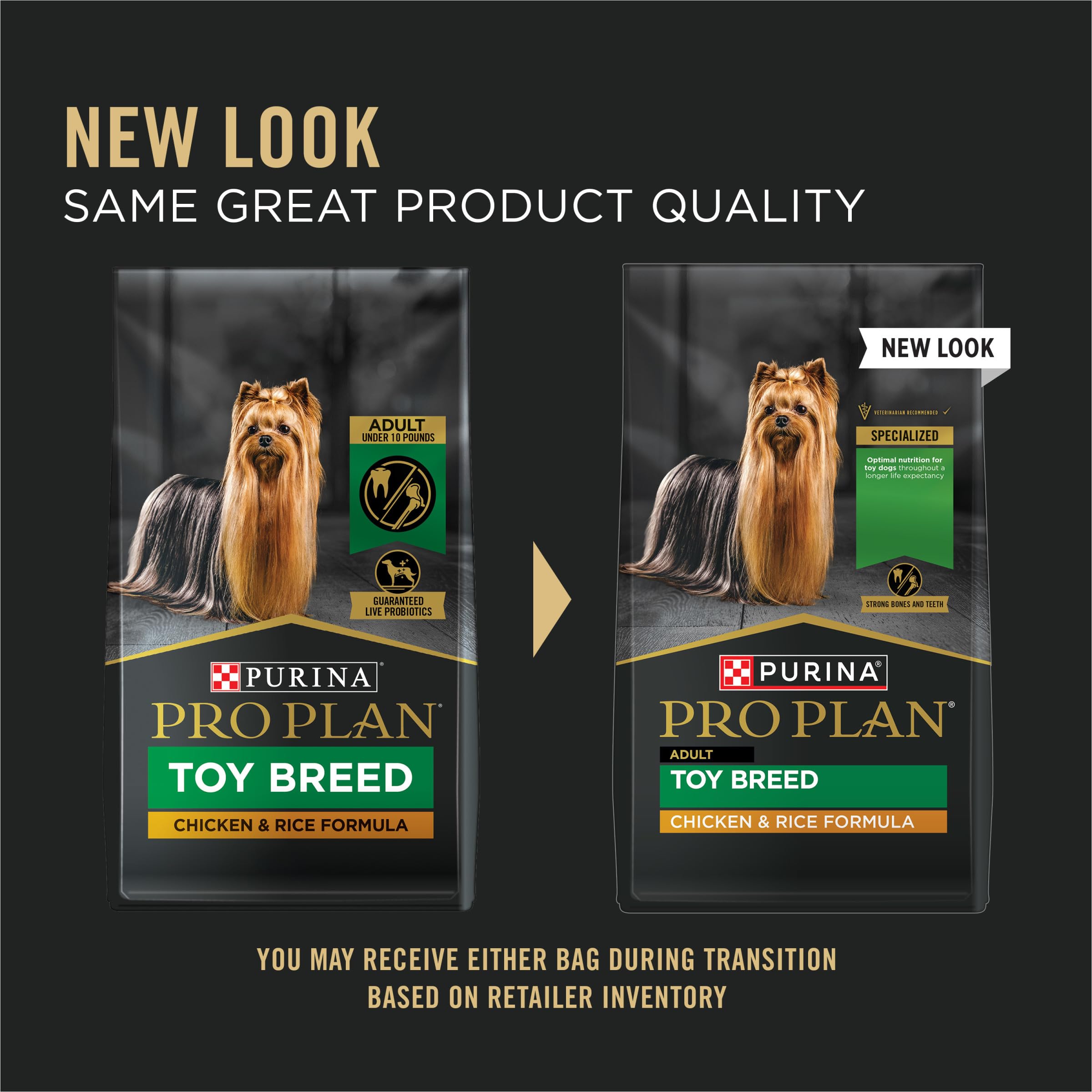 Purina Pro Plan Toy Breed kibble closeup showing bite-sized pieces for easy chewing