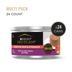 Purina Pro Plan tuna-oat-meal-entree offers tender texture for easy chewing.