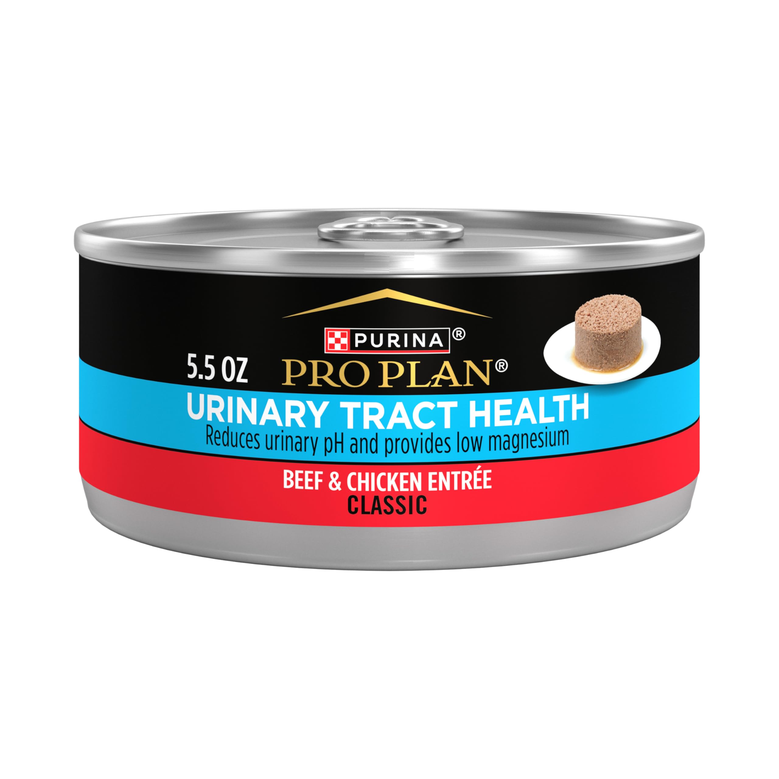Purina Pro Plan Urinary Tract Health beef-chicken entree 5.5 oz can, real beef and chicken.