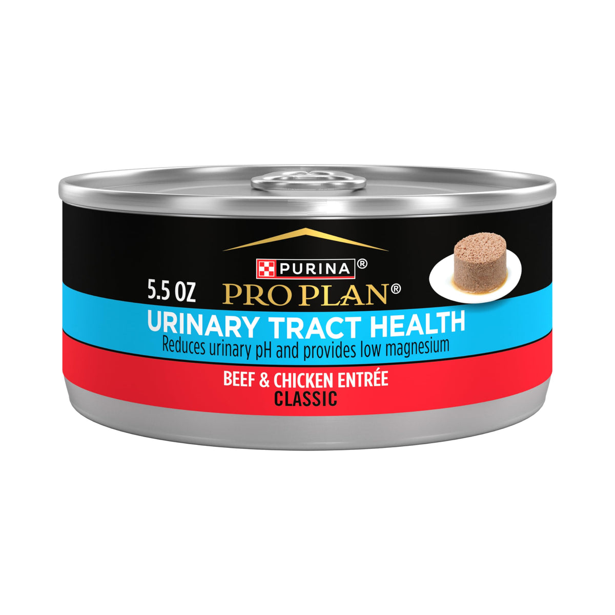 Purina Pro Plan Urinary Tract Health beef-chicken entree 5.5 oz can, real beef and chicken.