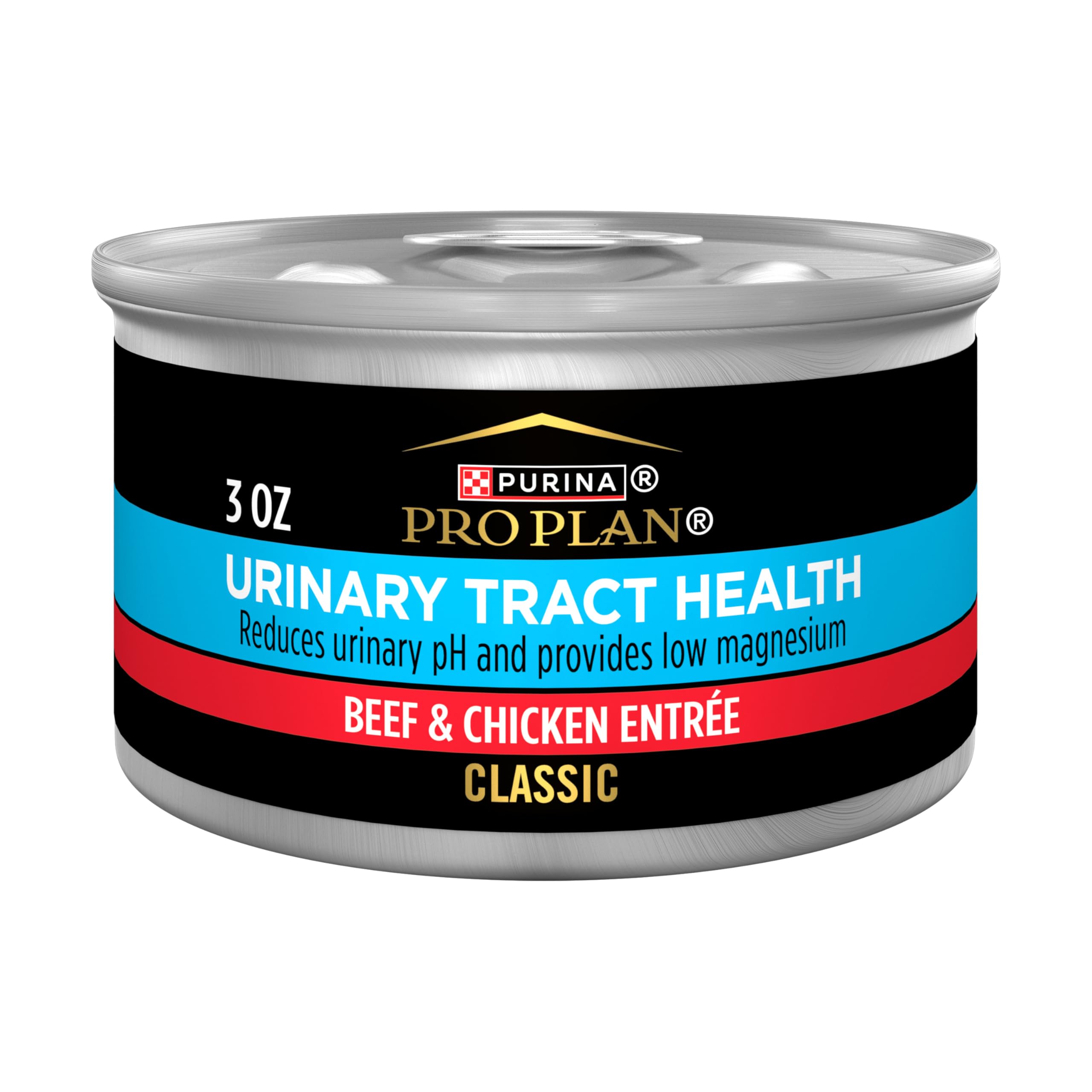 Purina Pro Plan Urinary Tract Health beef and chicken entree can, featuring real meat.