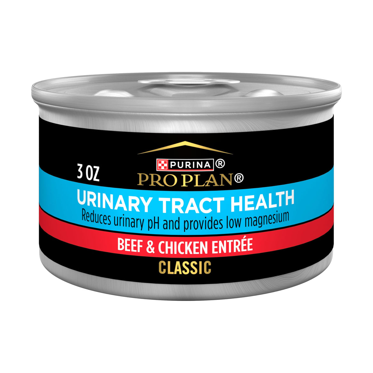 Purina Pro Plan Urinary Tract Health beef and chicken entree can, featuring real meat.