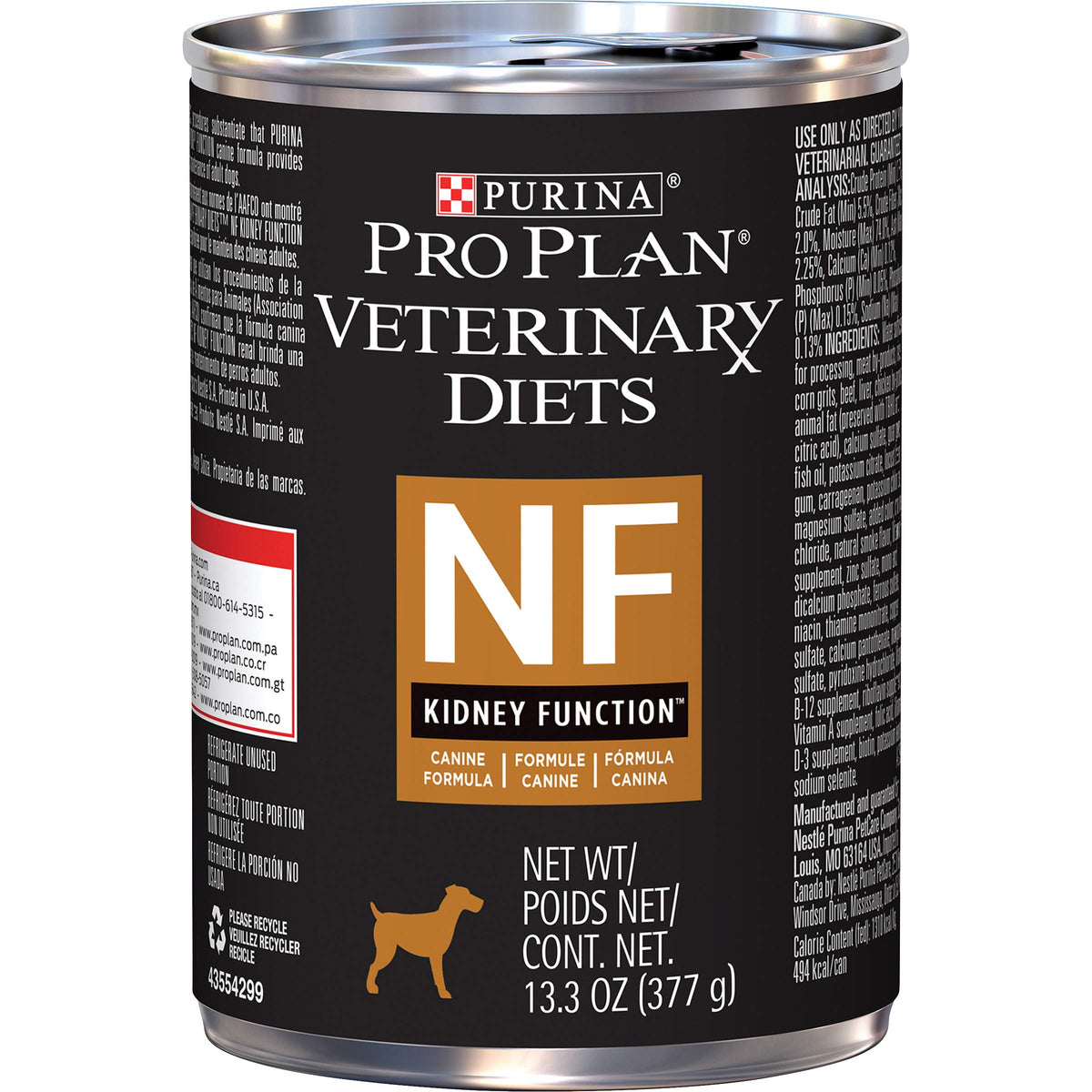 Purina Pro Plan NF kidney function wet dog food can; protein-controlled option.