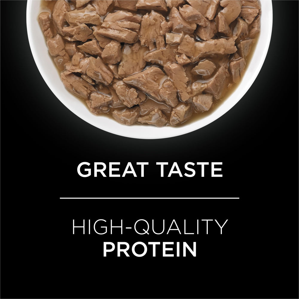 Close-up of Purina Pro Plan UR St/Ox can showing turkey-giblet flavor and glossy sauce