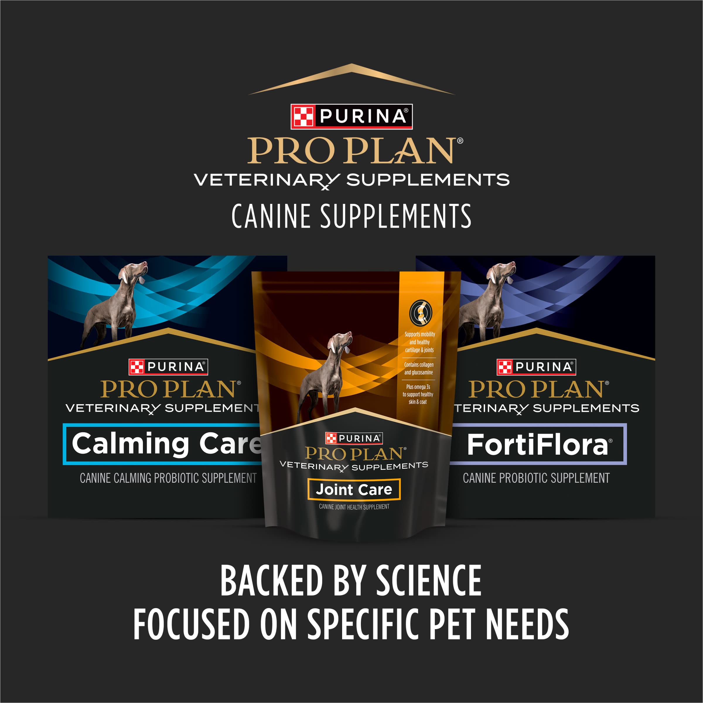 Dog climbing stairs with Purina Pro Plan Veterinary Joint Care in view.