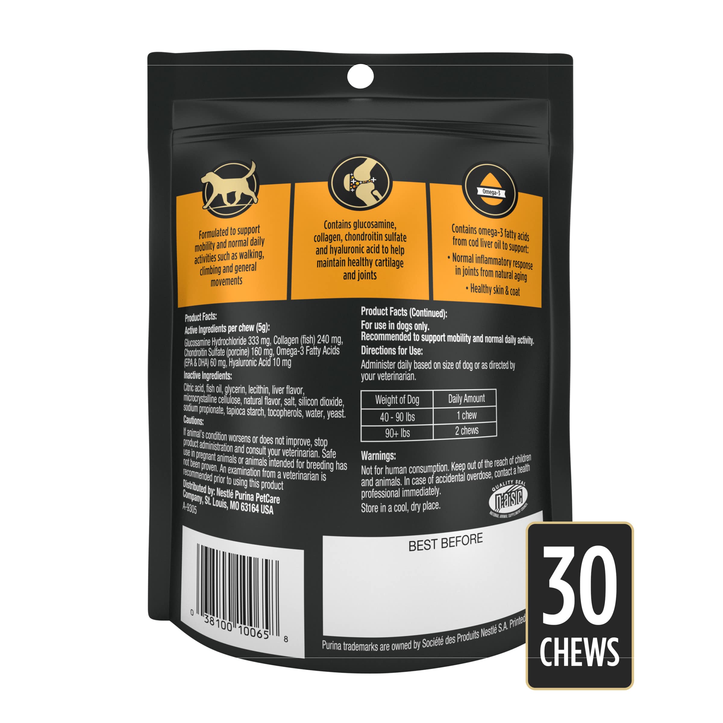 Purina Pro Plan Veterinary joint-supplement label closeup with key ingredients