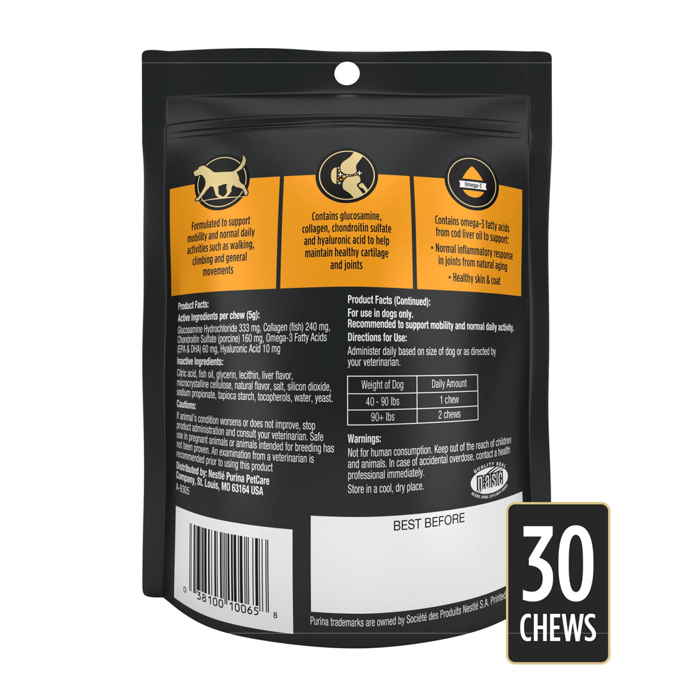 Purina Pro Plan Veterinary joint-supplement label closeup with key ingredients