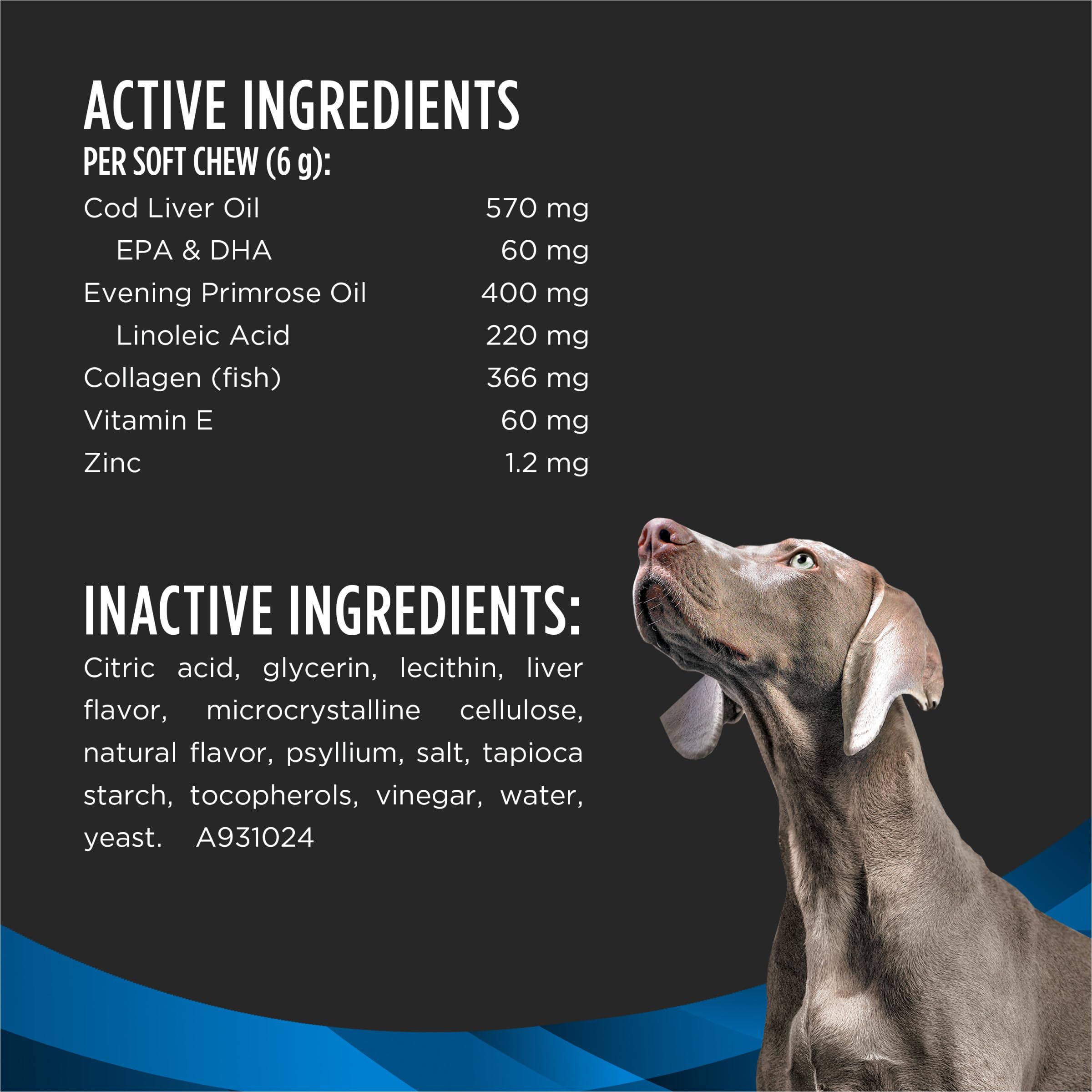 Purina Pro Plan Veterinary Skin Care Soft Chews ingredients graphic highlights EPA and DHA.