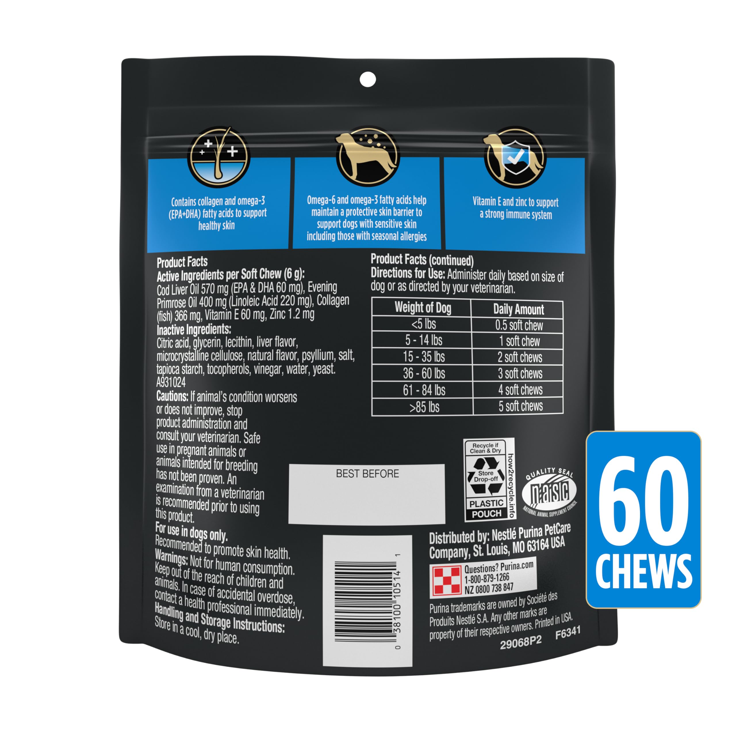 Purina Pro Plan Veterinary Skin Care Soft Chews produced in USA facilities.
