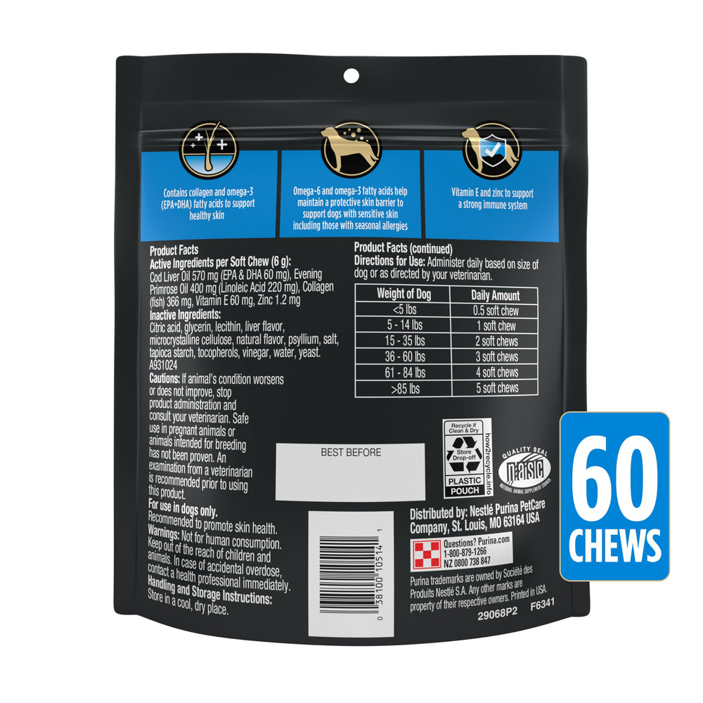 Purina Pro Plan Veterinary Skin Care Soft Chews produced in USA facilities.