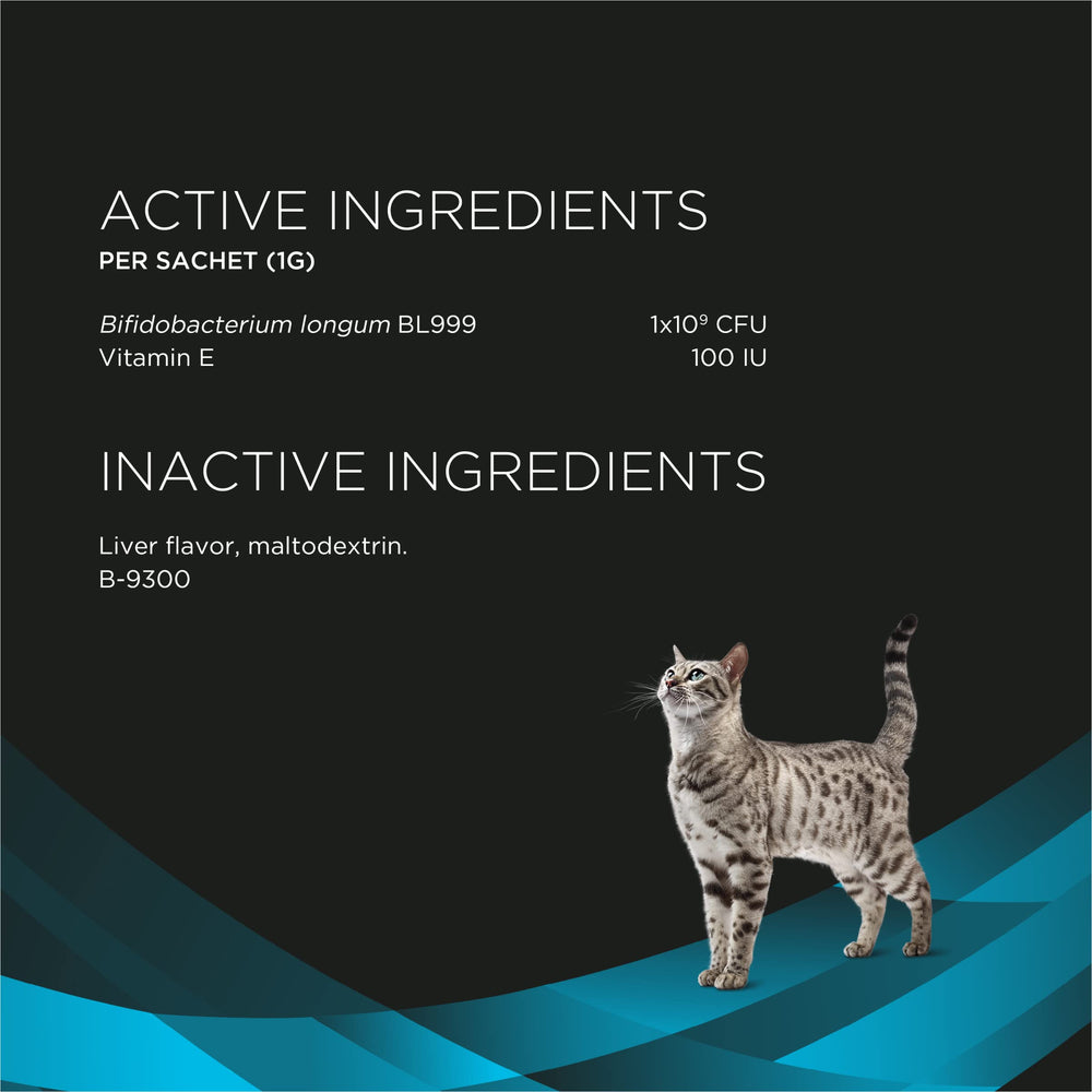 Daily use Calming Care packets beside a tranquil cat